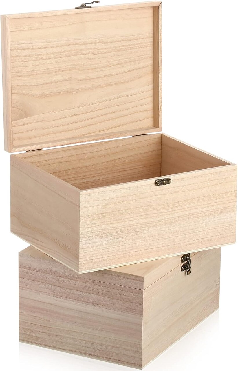 2 Pcs Large Unfinished Wooden Box with Hinged Lid and Front Clasp, Rectangle Unpainted Crafts DIY Wood Boxes Treasure Chest Stash Box 10.6x8.1x5.7 Inch
